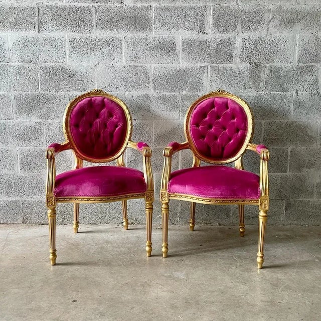French Pink Velvet & Gold Leaf Chair Chairish