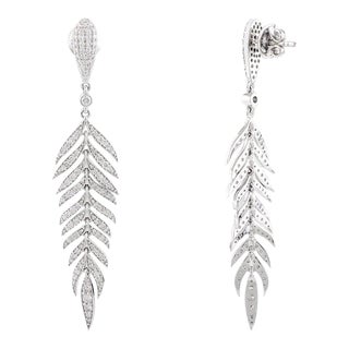 Fine Diamond Flexible Feather Dangle Drop Earrings in 18k Gold For Sale