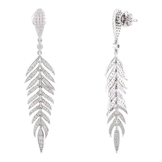 Fine Diamond Flexible Feather Dangle Drop Earrings in 18k Gold For Sale