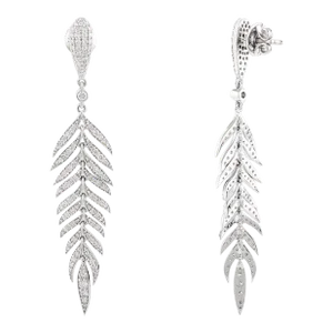 Fine Diamond Flexible Feather Dangle Drop Earrings in 18k Gold