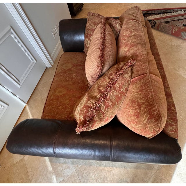 Bernhardt Pillow Back Loveseat, Settee, Sofa With English Rolled Brown Leather Arms. For Sale - Image 10 of 12