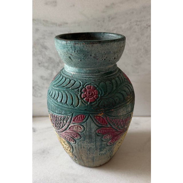 Vintage mid century terracotta pottery vase featuring a sgraffito (technique where lines are carved into the clay)...