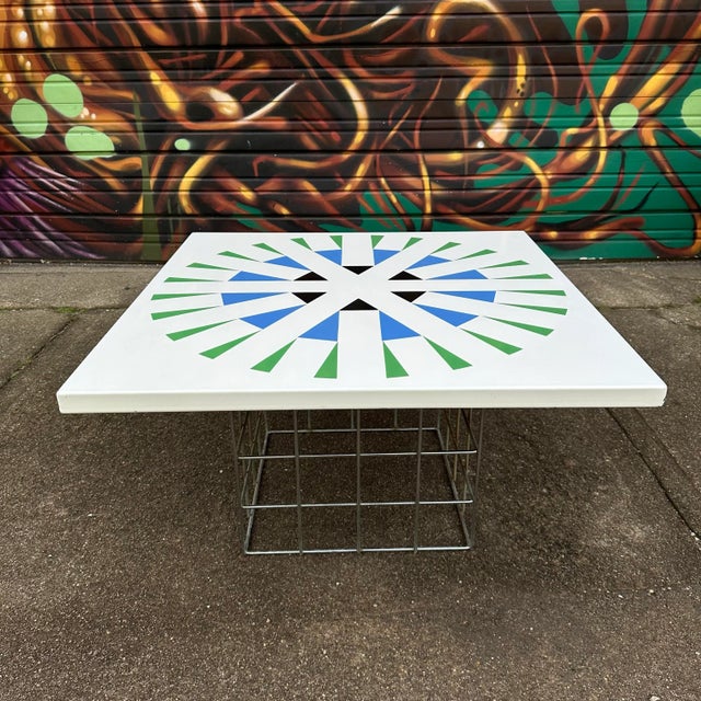 Mid-Century Modern Amazing Geometric Enamel Top With Chrome Wire Bottom Side Table Alexander Girard For Sale - Image 3 of 12