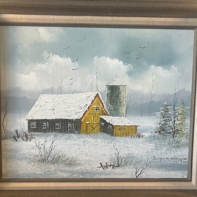 Snowy winter landscape painting with barn and silo with trees and birds. Everett Woodson Artist 1933-2016 nicely framed
