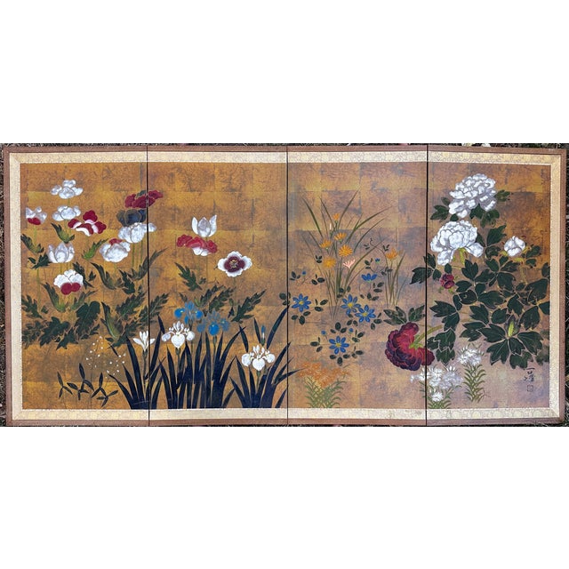 Beautiful vintage Japanese four-panel Byobu folding screen, individually hand-painted by Hiyakuho Imayasu for The Iohara...