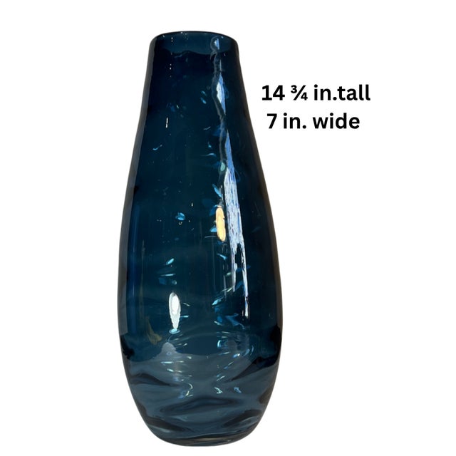 14+ In, Tall Art Glass Wavy Pattern Blue Vase For Sale - Image 12 of 12