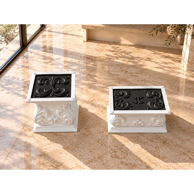 Vintage Fleur-De-Lis Glass Coffee Table & Pedestal Side Tables – Custom Redesigned Set of 3 For Sale - Image 12 of 13