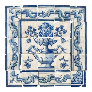 Antique 18th Century Portuguese Blue & White Floral Bouquet Tile Panel For Sale