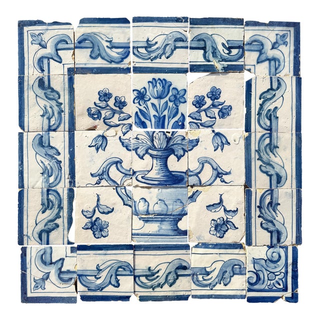 Antique 18th Century Portuguese Blue & White Floral Bouquet Tile Panel For Sale