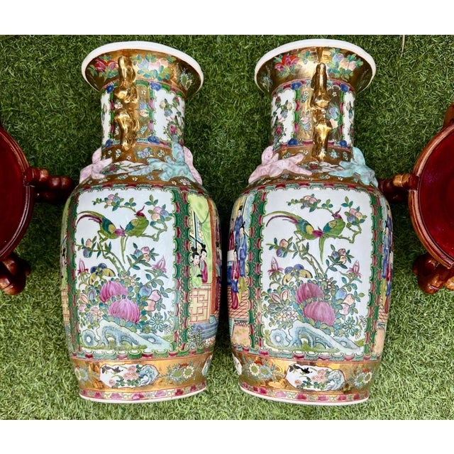 Pair of Large Antique Famille Rose Medallion Chinese Vases With Rosewood Stands For Sale - Image 12 of 18