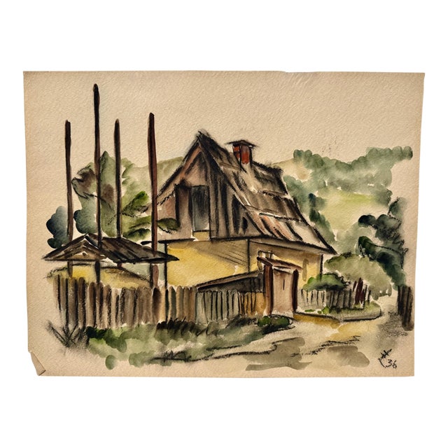 Henry Emil Salloch Original Watercolor on Paper First House in Reithen, 1936. For Sale