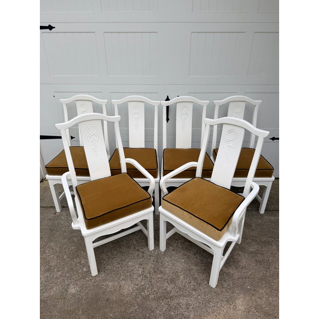 Textile Vintage Asian Style Lacquered Dining Chairsby Thomasville W/ Velvet Cushions, Set of 6 For Sale - Image 7 of 12