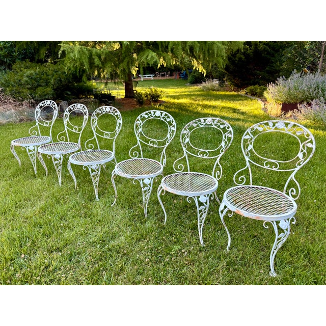 Russell Woodard Vintage Woodard Chantilly Rose Wrought Iron Dining Set — Table & Six Chairs For Sale - Image 4 of 11