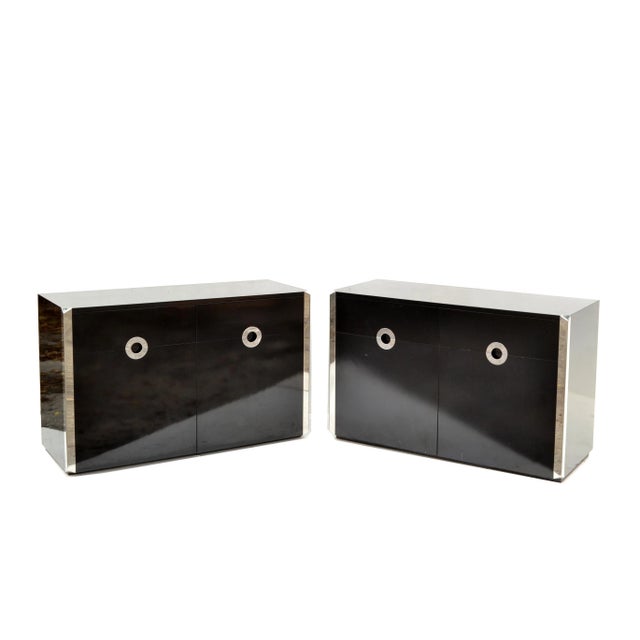 Mid-Century Modern Willy Rizzo Pair of very heavy black laminated Wood Dresser, Sideboard, Cabinet with Circle Chrome...