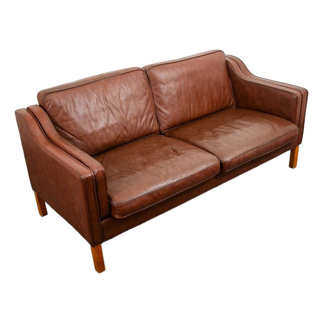 Mid Century Danish Modern Sofa Couch Brown Leather 2 Seat Settee Vintage Denmark For Sale