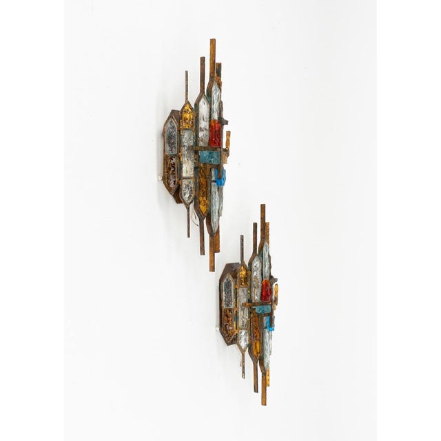 Gold Mid-Century Sconces in Iron and Hammered Glass attributed to Longobard, Italy, 1970s, Set of 2 For Sale - Image 8 of 15