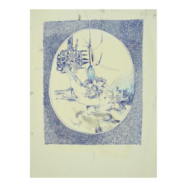 Leo Guida, Composition, Pen and Watercolor Drawing, 1970s For Sale