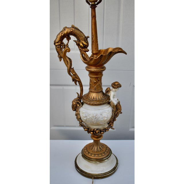 Antique Gilded Metal Lamp Renaissance Style Ornate Ewer Designed Figural Details For Sale - Image 14 of 17