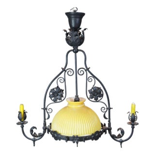 Antique Spanish Revival Wrought Iron Converted Gas Pendant Light Chandelier For Sale