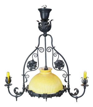Antique Spanish Revival Wrought Iron Converted Gas Pendant Light Chandelier