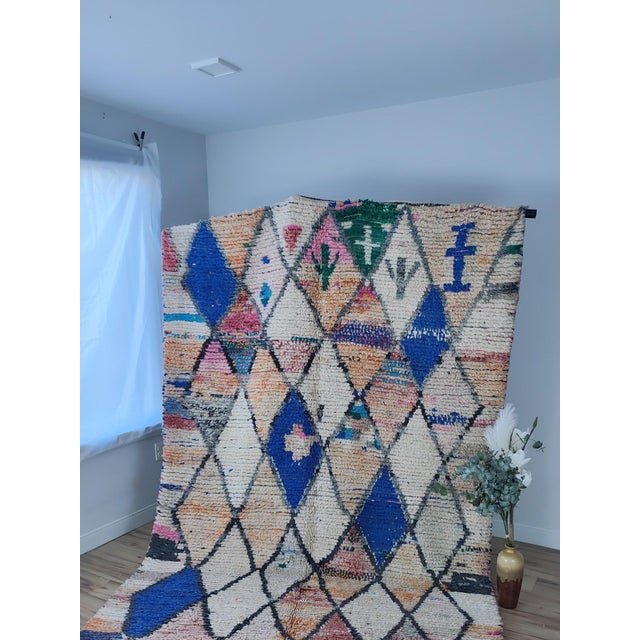 Moroccan Ivory Multicolor Diamond Wool Moroccan Boujaad Rug For Sale - Image 3 of 12