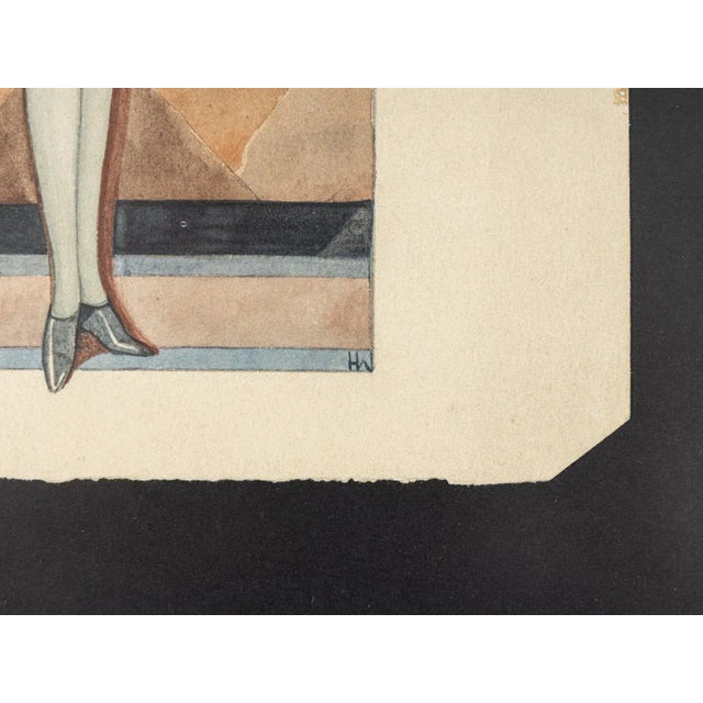 Blue Art Deco Fashion Drawing, Gouache on Paper, Framed For Sale - Image 8 of 11