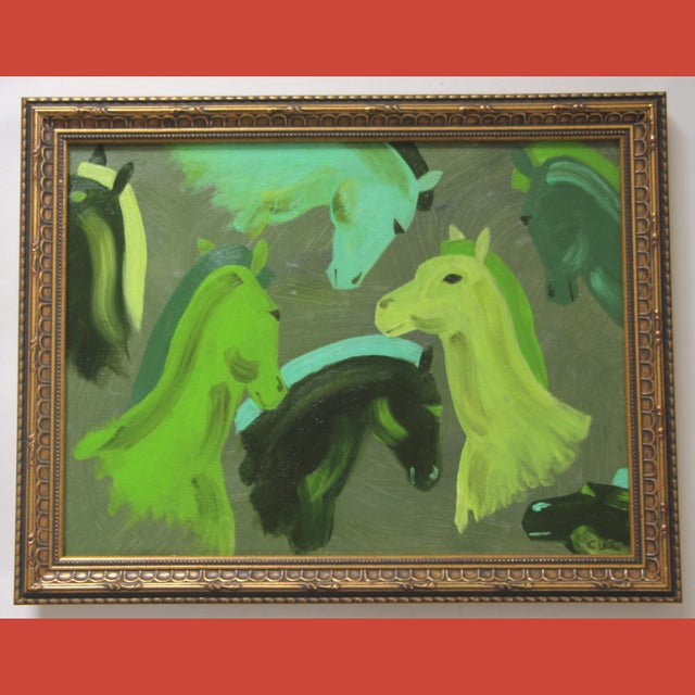 Elegant horse portraits in shades of green. Minimalism, English Traditional, Art Deco, American Expressionism.. Framed in...