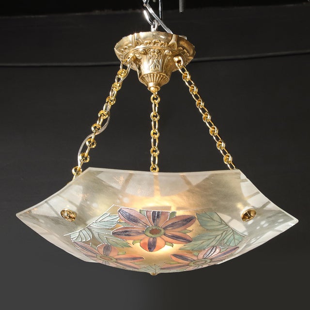 Art Deco Hexagonal Frosted & Pressed Glass Pendant W/ Floral Details Signed BHV For Sale In New York - Image 6 of 18