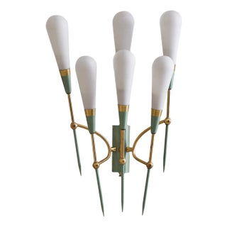 1950s Italian Six-Arm Pale Green Sconce with Opaline Glass For Sale