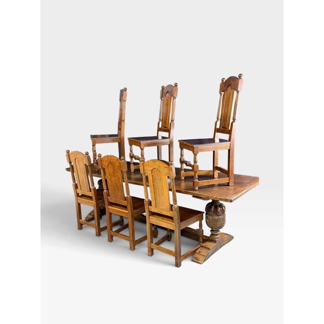 Antique Elizabethan Jacobean Style Oak Refectory Dining Table and Chairs, 1900, Set of 7 For Sale - Image 15 of 18