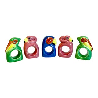 1980s Vintage Coastal Boho Chic Tropical Birds Ceramic Napkin Rings - Set of 5. For Sale