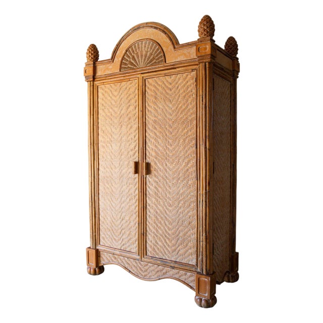 1970's Rattan Etched Wood Safari Armoire Wardrobe Storage Cabinet For Sale