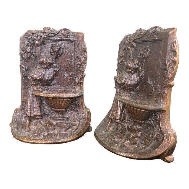 Vintage Solid Bronze Art Nouveau “Girl at Fountain” Bookends – Pair For Sale
