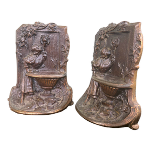 Vintage Solid Bronze Art Nouveau “Girl at Fountain” Bookends – Pair