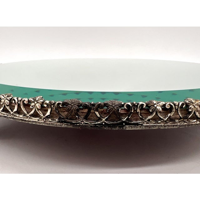 8" Vintage Round Mirrored Plateau Tray With Ornate Silver-Tone Gallery – Hollywood Regency / Neoclassical For Sale - Image 11 of 15