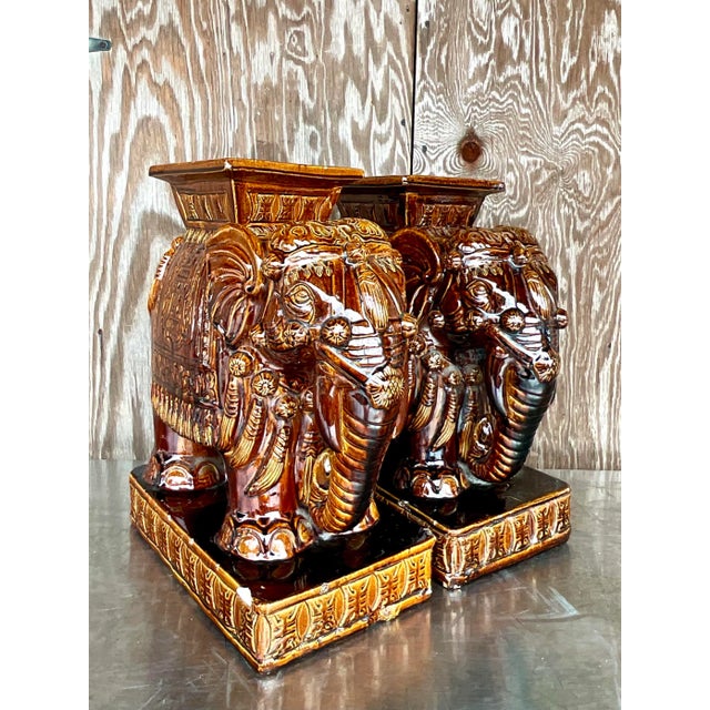 Coastal Vintage Coastal Glazed Ceramic “Root Beer” Elephant Garden Seats - a Pair For Sale - Image 3 of 10