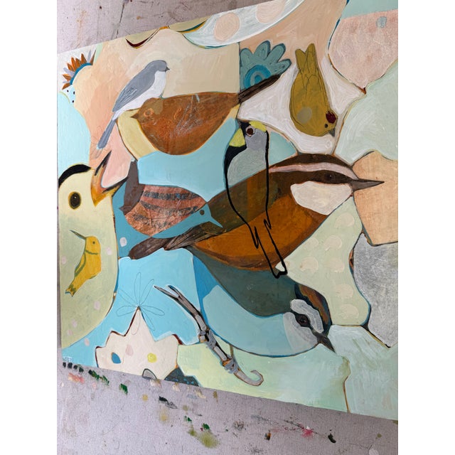 This fun little piece measures 18" square.. It is made up of many layers of acrylic paint both thick and glazed. Each bird...