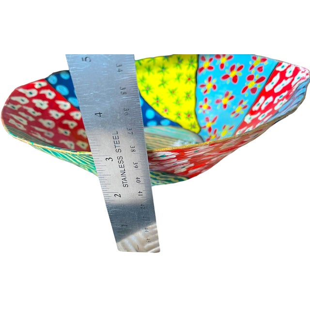 Vintage Hand-Painted Papier-Mâché Bowl – Colorful Folk Art, Memphis Style Patchwork Centerpiece For Sale In Jacksonville, FL - Image 6 of 7