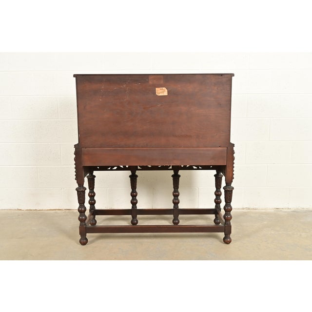 Lifetime Furniture Antique English Jacobean Carved Oak Drop Front Secretary Desk, Circa 1920s For Sale - Image 14 of 16