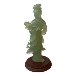 Early 20th Century Vintage Chinese Carved Green Jade Jadeite Shen Yun Dancer Figurine Statue on Stand Republican Period