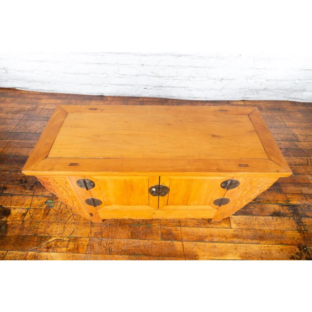 Antique Chinese Elm Wood & Bronze Hardware Carved Spandrel Sideboard For Sale - Image 12 of 13