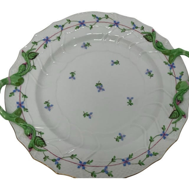 1960s Herend Blue Garland PBG Model 1173 Handled 12-Inch Chop Plate Round Serving Platter Hungary C. 1960-1980 Discontinued For Sale - Image 5 of 8