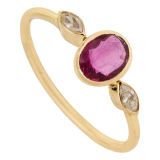 Modern Ruby & Marquise Diamond Three-Stone Bezel Set Ring 14k Yellow Gold Size 9 For Sale