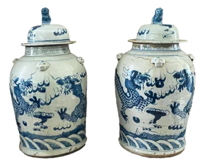 Chinoiserie Blue and White Porcelain Ginger Jars With Dragons -Pair 19" H