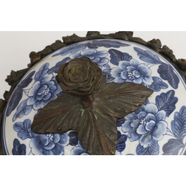 Vintage Maitland-Smith Blue and White Porcelain Box With Brass Hand Painted Floral Details For Sale - Image 10 of 13