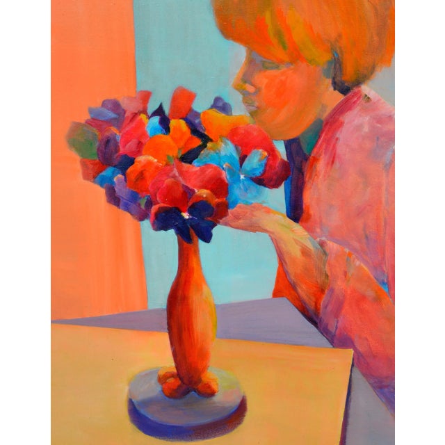 Impressionist Impressionist Woman with Flowers Figurative Oil on Canvas 1980 For Sale - Image 3 of 7