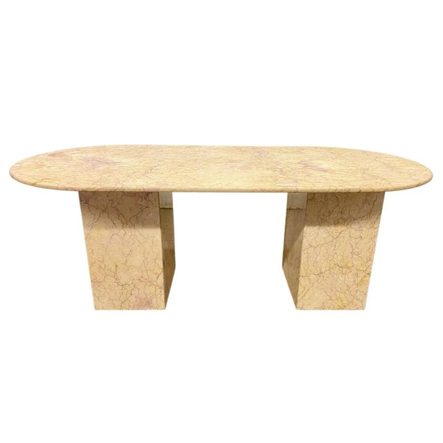 Mid Century Oval Living Room Dining Table Peach Marble For Sale In Pittsburgh - Image 6 of 9