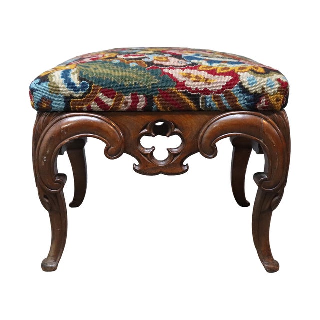 Rococo Carved Walnut Floral Needlepoint Footstool C1880 For Sale - Image 10 of 13