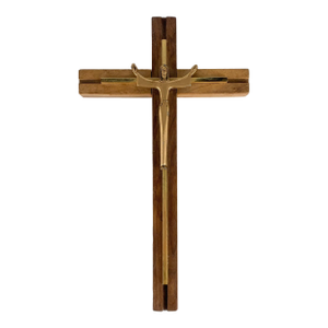 Vintage Wood Brass Wall Crucifix Cross Jesus Christ Mid Century Iconography MCM