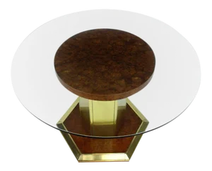 Mid-Century Modern Henredon Round Brass Burl Wood Dining Table